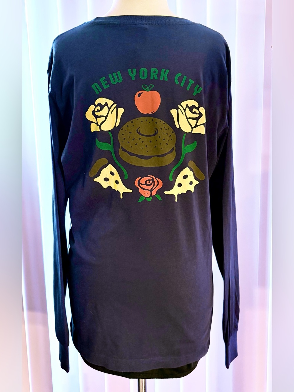 NWT Known Supply NYC Icons Bagel Pizza Rose Graphic Long Sleeve Navy Blue Tee.